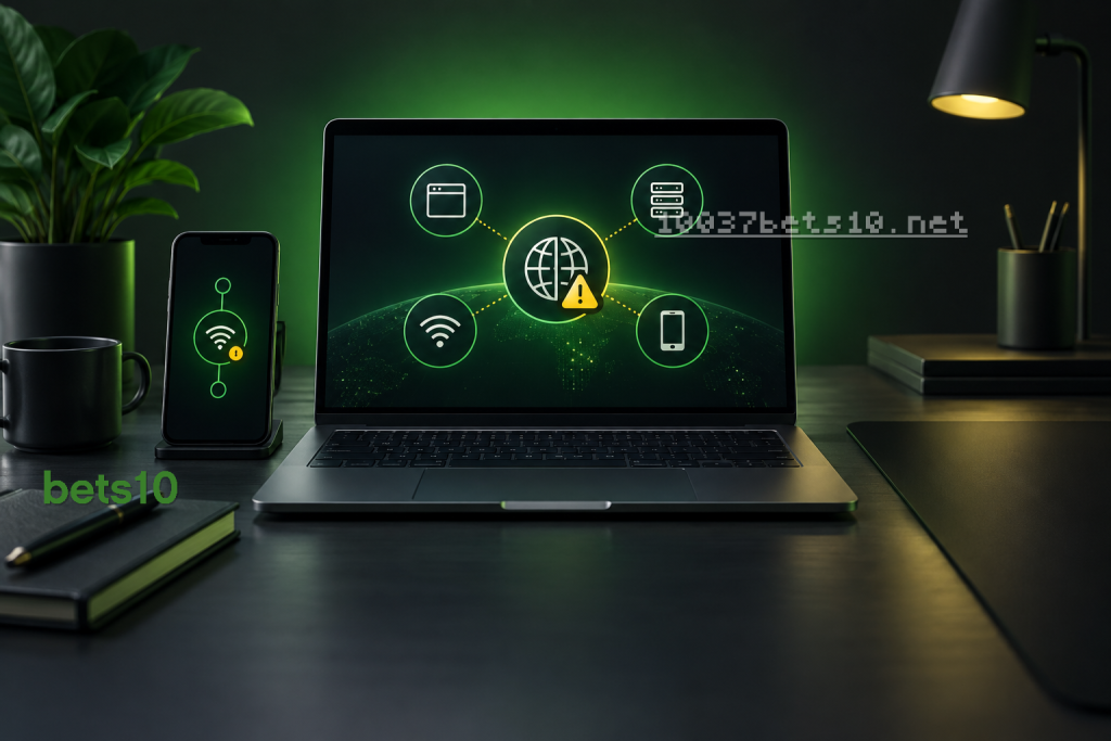 Koyu zeminli teknik destek masasında bets10 açılmıyor sorununa yönelik bağlantı kontrolünü simgeleyen dizüstü bilgisayar ve telefon bulunuyor.